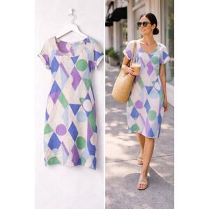 Indian Summer Linen Geometric Print Shift Dress Artsy Boho